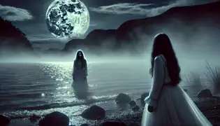 Mateo Rojas stands by Ypacaraí Lake under the moonlight, facing the sorrowful ghost of Isabel, veiled in mist.