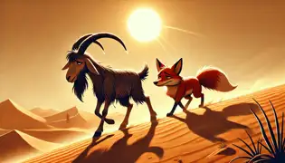 Maysar the goat struggles in the hot desert while Dahhak walks confidently ahead, glancing back with a knowing smirk.