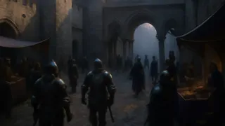 Des chevaliers et des marchands se pressent dans la cour du château, sous des fanions agités par la brise.