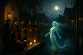 A glowing mermaid surfaces at the quay under moonlight, delivering a pact to Edam’s council by lamplight, surrounded by gentle waves and bioluminescent plankton.