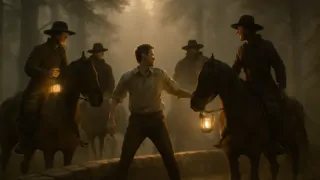 shadowy riders abducting a young man under moonlight