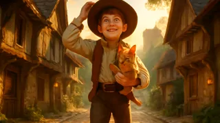 El Gato con Botas junto a un humilde molinero en una calle de un pueblo rústico.