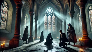 Os mosqueteiros se esgueiram por corredores iluminados pela lua em direção ao cofre oculto da abadia.
