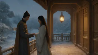Prince Genji and Lady Akane beside lantern under winter moonlight