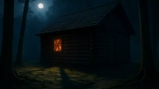 A boarded cabin window under a bright full moon with shadows moving