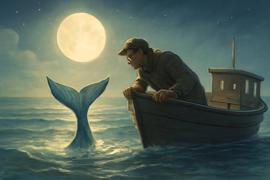 A lone fisherman glimpses a graceful figure arching from the water under a full moon