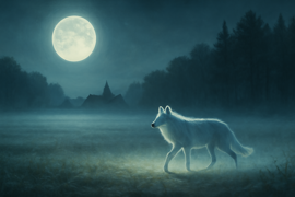 A spectral pale wolf standing alone on moonlit grass plains under a starry sky
