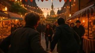 Ivan und Anja, wie sie lachend durch eine belebte Moskauer Straße tollen, auf der Suche nach einem spielerischen Versteckspiel.