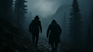 Sherlock Holmes et le docteur Watson traversant un chemin brumeux en montagne près des chutes de Reichenbach