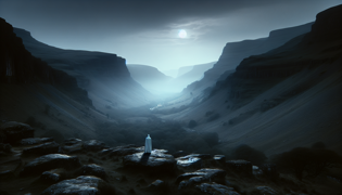 Silhouette of the White Lady standing on a rocky outcrop overlooking the river