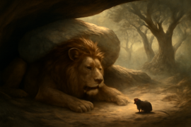 Un souris courageuse commence à s’approcher d’un lion piégé dans une grotte à la faible lumière.