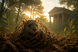 Eine kleine Maus, die im Morgengrauen in den Fang eines Jägers im Netz geraten ist, umgeben von Waldreklam–debris