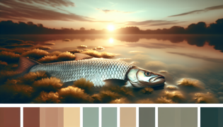 A lone silver fish with prism-like scales shimmering against the red morning sky on the river surface.