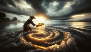 A fisherman releases a radiant golden fish back into the river as dark clouds gather overhead.