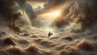 A small canoe navigating towering waves under a silent moonlit sky, guided by a silver-cloaked goddess.