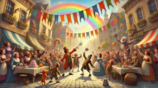 Les festivaliers de Farcarn couronnant le « Grand Fou » tandis qu’un arc-en-ciel se déploie au-dessus des foules en liesse.