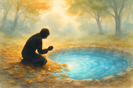 A solitary figure tending to the clear spring at dawn, light filtering through the trees