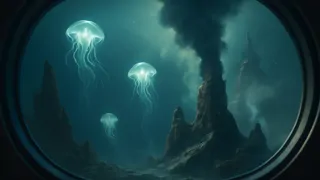ventana subacuática que revela criaturas bioluminiscentes y respiraderos hidrotermales en el océano de Ganímedes