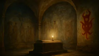 Ein Marmorkenotaph, umgeben von Moos und flackernden Kerzen in einer unterirdischen Gruft