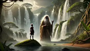 Ngombo listens in awe as the wise water-giver gestures to the sky, surrounded by waterfalls and mist in a hidden valley.