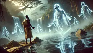 Ngombo gazes at the River of the Ancestors, where ghostly figures drift above the water, and his father's reflection appears.