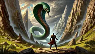 Ngombo stands ready with his spear as the massive guardian serpent, Nkama, coils around the rocky mountain pass.