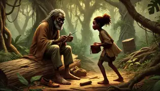 Ngoné cautiously approaches Samba the Trickster, who sits on a log carving a figurine in a dense West African forest.