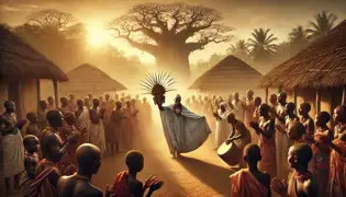 Ngoné returns to her village at dawn, holding the Sacred Mask as the villagers gather, joyful and ready to begin the festival.