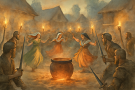 Torches and dancers surrounding a glowing pot as chaos stirs among villagers