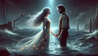 Nikola and Mira stand near the water in a moonlit cove, their hands nearly touching, caught between love and impossible fate.