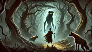 Nyamazana faces a ghostly hyena spirit with glowing golden eyes in the misty forest, gripping his spear with determination.