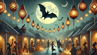 Obiaku, el murciélago, surcando el cielo bajo una luna creciente durante un festival en Nigeria.