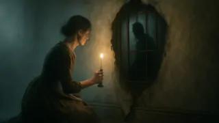 A flickering candle illuminates a grated window behind torn yellow wallpaper, beyond which a pale shadow lurks