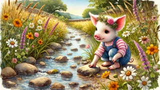 Olivia das Schwein trinkt Wasser aus einem glasklaren Bach.