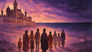 Figures walking away from Omelas towards a distant horizon under stormy skies