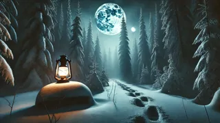 Pinos cubiertos de nieve bajo la luz de la luna, con oscuras siluetas acechando.