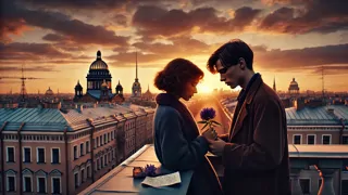 A young couple embracing on a rooftop terrace as the sun sets over Saint Petersburg