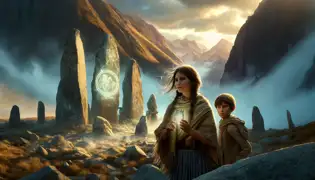 Rosa and Mateo stand before glowing stone ruins, solving riddles under the golden light of an Andean sunset.