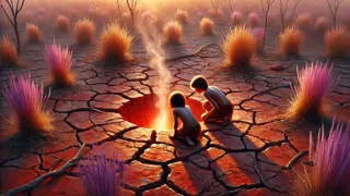 Mara y Wirra escuchan voces que surgen de la tierra roja agrietada al amanecer.
