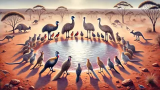 Un enfrentamiento en el aire, caótico y enroscado, de pájaros sin color sobre la tierra roja y polvorienta.