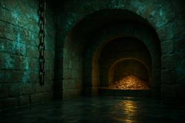 An eerie dungeon chamber with iron chains and glowing mold