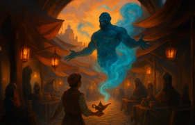 Ein Genie, das aus der magischen Lampe emporsteigt, in einem Wirbel aus azurfarbenem Nebel.
