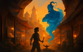 Aladin und der leuchtende Dschinn, der aus der Lampe in einer Höhle hervortritt