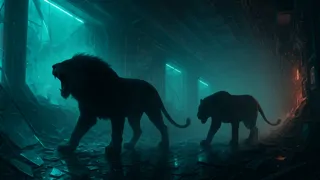 Perfiles en silueta de dos leones enmarcados por paredes de neón roto en la guardería virtual.
