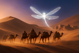 Ancient Bedouin tribe led by a glowing dragonfly spirit to an oasis in the desert