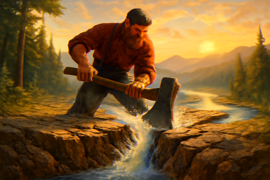 Paul Bunyan swinging his axe to carve out the Great Lakes