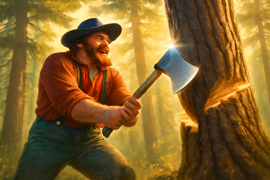 Paul Bunyan swinging his axe at a giant pine tree