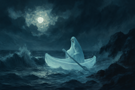 Phantom canoe silhouettes guide sailors to safety amid stormy waters