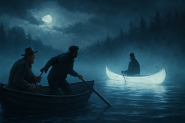 Ancient fishermen witnessing a glowing canoe in the bay mist