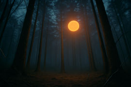 A grainy nighttime photograph of a glowing orb hovering over pine trees